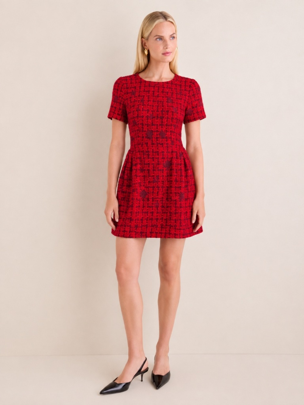 NWT Fanm Mon Samantha Tweed Embroidered Scoop Neck Cap Sleeve A-line Mini Dress